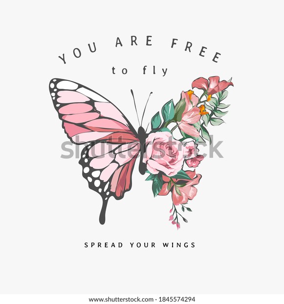 蝶の半分の形のイラストで色とりどりの花を持つスローガンを自由に飛ばす のベクター画像素材 ロイヤリティフリー
