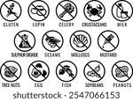 Free from food allergen allergy icons. Include big 8 FDA Major Allergens and 14 food allergies from the EU Food Information for Consumers Regulation EFSA European Food Safety Authority Annex II