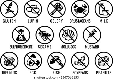 Frei von Allergie-Icons für Lebensmittel. Einschließlich großer 8 FDA-Allergene und 14 Lebensmittelallergien aus der EU-Verordnung über Lebensmittelinformationen für Verbraucher EFSA Europäische Behörde für Lebensmittelsicherheit Anhang II