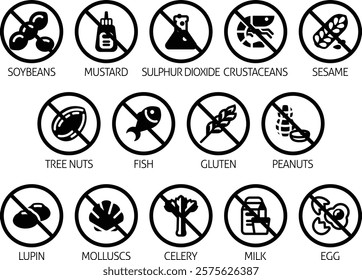 Free from food allergen allergy icons. Include big 8 FDA Major Allergens and 14 food allergies from the EU Food Information for Consumers Regulation EFSA European Food Safety Authority Annex II