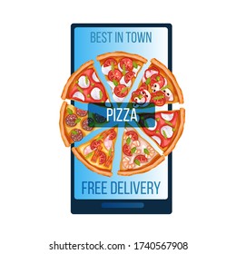 Free food delivery concept with smartphone screen and realistic pizza slices. Italian cuisine illustration with mozzarella, pepperoni, margherita, tomatoes, bacon. Order online flyer isolated on white