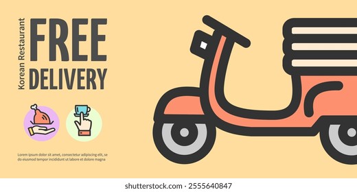 Free Food Delivery Service Concept Horizontal Placard Poster Banner Card Template with Moped or Scooter. Vector illustration