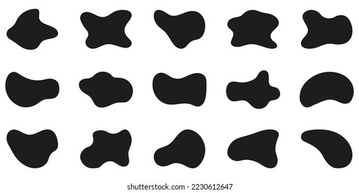 Free Form Abstract Black Silhouette Set on White Background. Irregular Random Minimal Blob Form. Asymmetric Blotch, Stain, Spot, Splodge Collection. Isolated Vector Illustration. 