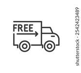 Free freight delivery, icon in line design. Free, freight, delivery, shipping, logistics, transport, cargo, no-charge on white background vector. Free Freight delivery editable stroke icon