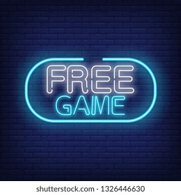 Free game neon text in frame. Advertisement design. Night bright neon sign, colorful billboard, light banner. Vector illustration in neon style.