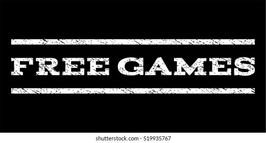 Free Games watermark stamp. Text caption between horizontal parallel lines with grunge design style. Rubber seal stamp with scratched texture. Vector white color ink imprint on a black background.
