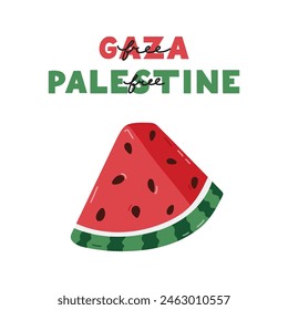 Free Gaza and Free Palestine poster with lettering and watermelon slice as symbol of Palestinian resistance. Concept of save Palestine with simple hand drawn clipart for flyer, banner, t-shirt, post