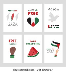 Free Gaza set of posters with lettering and simple hand drawn clipart of Gaza flag, watermelon, peace dove, fist, map of Israel. Concept of support Palestine. Let Them Live, Will Be Free.