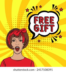 Free Gift banner design template. Social media poster design. Comic book explosion with text Free Gift, vector illustration. Free Gift banner pop art.