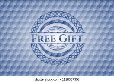 Free Gift blue badge with geometric pattern background.