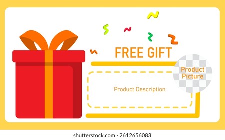 Free gift frame, gift card, promo giftbox or voucher. For advertising, poster, sales, banner with product picture and product description