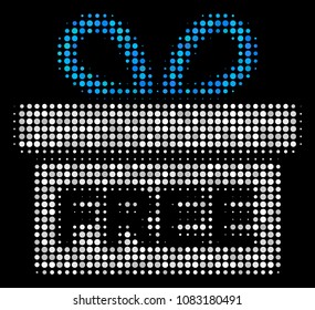 Free gift halftone vector icon. Illustration style is pixel iconic free gift symbol on a black background. Halftone pattern is constructed of spheric spots.