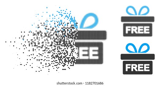 Free gift icon in fractured, pixelated halftone and entire variants. Cells are organized into vector dissolving free gift icon. Disappearing effect uses rectangular scintillas.