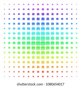 Free Gift icon rainbow colored halftone pattern. Vector free gift symbols organized into halftone grid with vertical spectrum gradient. Designed for backgrounds, covers and abstract effects.