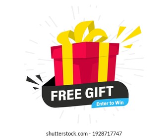 Free Gift Label. Element With Gift. Box banner. Free delivery. Gift concept. Promo banner with Surprise gift box. Vector Illustration
