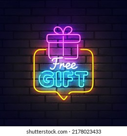 Free gift neon sign, bright signboard, light banner. Free gift logo neon, emblem and label. Vector illustration