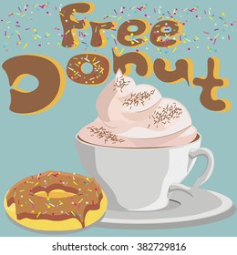 Free glazed donut with chocolate icing and hot coffee espresso, cappuccino, late, mocha, macchiato or tea for cafe
