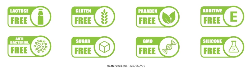 Free Gluten, Lactose, GMO, Silicone, Sugar, Paraben, Additive, Nitrates, Antibacterial and Sugar Line Green Stamp. Allergy Ingredients Label Set. Diet Vegan Food Outline Symbol. Vector Illustration.