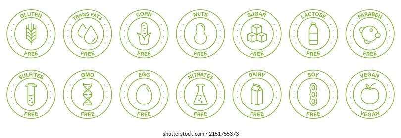 Gluten gratis, soja, lactosa, láctea, transgraso, huevo, parabeno, nuez, nitratos, estampado verde de línea de maíz y azúcar. Conjunto de etiquetas de ingredientes alérgicos. Símbolo de esquema dietético de comida vegana. Ilustración de vectores aislados.