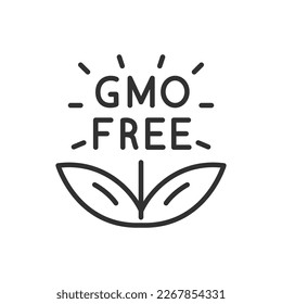Gmo libre, planta con etiqueta, icono lineal. Línea con trazo editable