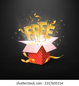 Free golden word and red gift box isolated vector object on dark background. Gratis delivery