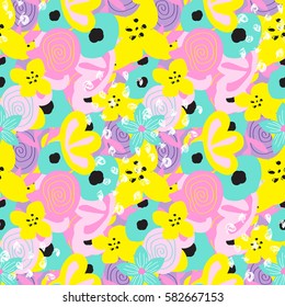 Free hand bold floral seamless pattern. Wild flowers background. Vector illustration.