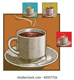 free hand, brush stroke style illustration: a cup of coffee or tea in different colours combination