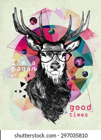 Free hand colored illustration of deer  in hipster style