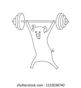Free Hand Doodle Sketch Vector Illustration of Happy Cartoon Pig Weightlifter. Cute Kawaii Funny Character. Coloring Page. Adults Sport Illustration for Motivation