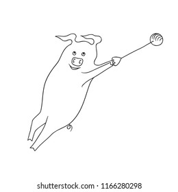 Free Hand Doodle Sketch Vector Illustration of Happy Cartoon Pig Shot Thrower. Cute Kawaii Funny Character. Coloring Page. Adults Sport Illustration for Motivation
