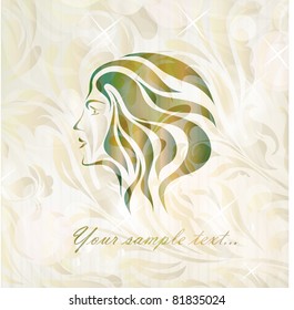 Free hand drawing abstract face of beautiful romantic girl isolated on floral background with your text (vector version eps 10)