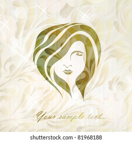 Free hand drawing abstract face of beautiful romantic girl isolated on floral background with your text (vector version eps 10). Perfect for sign, symbol, icon, web, emblem, label, logotype, logo.