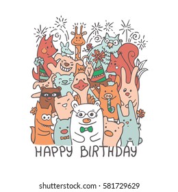 Free hand drawing of group of joyful animal friends with text Happy Birthday- design for greeting card or anniversary poster, banner.