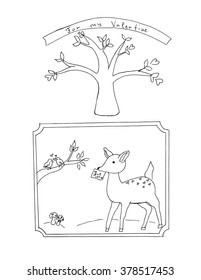 Free hand drawing nature and birds  tree   deer white background