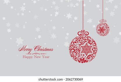 Free hand drawing of red Christmas Baubles or balls, hanging-thing ornament, with white snowflakes on light grey background vector illustration. Christmas and New Year Greeing card.