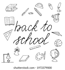 Free hand drawing of school objects set on white background. Back to school. Simple flat vector illustration