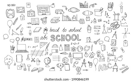 Free hand drawing of school objects set on white background. Back to school. Simple flat vector illustration doodles