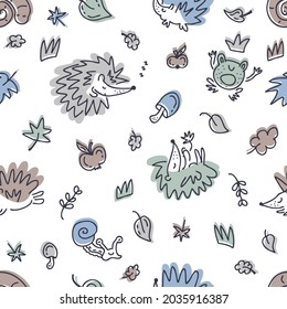 Free hand drawing seamless pattern with hedgehogs and autumn elements. Perfect for T-shirt, textile and prints. Doodle style vector illustration for decor and design.
