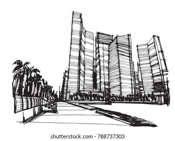 Free hand drawing sketch vector panoramic singapore city 