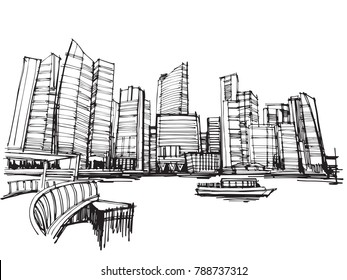 Free hand drawing sketch vector panoramic singapore city 