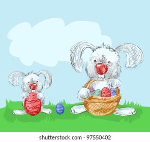Free hand drawing style of two Easter bunnies