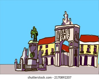Free hand drawing vector of Lisbon tourist attraction "Praça do Comércio" huge riverfront square and monument in Portugal