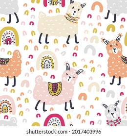 Free hand drawing vector seamless pattern of lamas and rainbows. Perfect for scrapbooking, poster, textile and prints. Hand drawn illustration for decor and design.