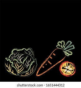 Freie handgezeichnete Vektorillustration.frische Kohltomate und Karotten auf schwarzem Hintergrund.
