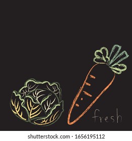 Free hand drawing vector.fresh cabbage and carrot on black background.