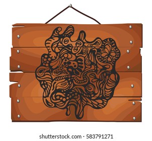 Free hand drawn abstract composition on wooden plank background. Vector illustration. 