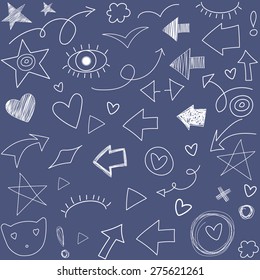 Free hand drawn arrow heart navigation icon set. Fabric seamless pattern.