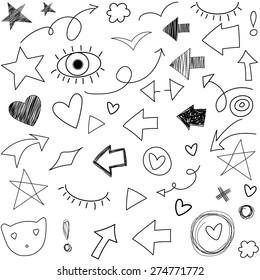 Free hand drawn arrows and symbols set on white background. Seamless pattern.