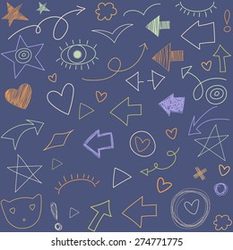Free hand drawn arrows and symbols set on navy blue background. Seamless pattern.