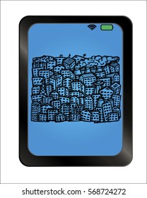 Free hand drawn city on background plate. Vector illustration. 